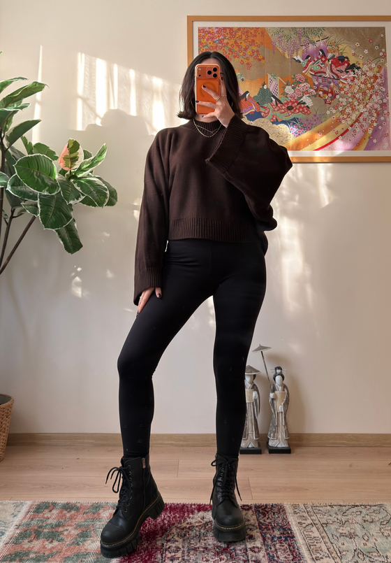 Yarasa Kol Oversize Triko Kazak Kahve