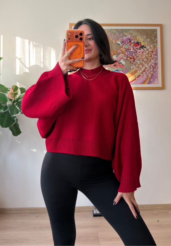 Yarasa Kol Oversize Triko Kazak Kırmızı