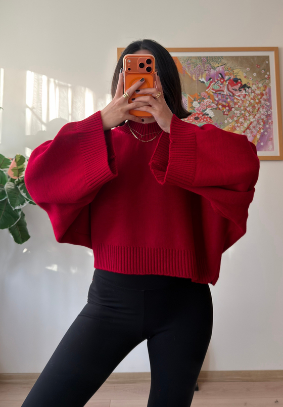 Yarasa Kol Oversize Triko Kazak Kırmızı