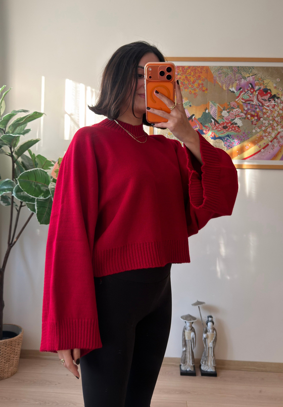 Yarasa Kol Oversize Triko Kazak Kırmızı