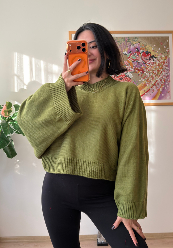 Yarasa Kol Oversize Triko Kazak yeşil