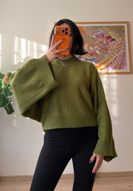 Yarasa Kol Oversize Triko Kazak yeşil