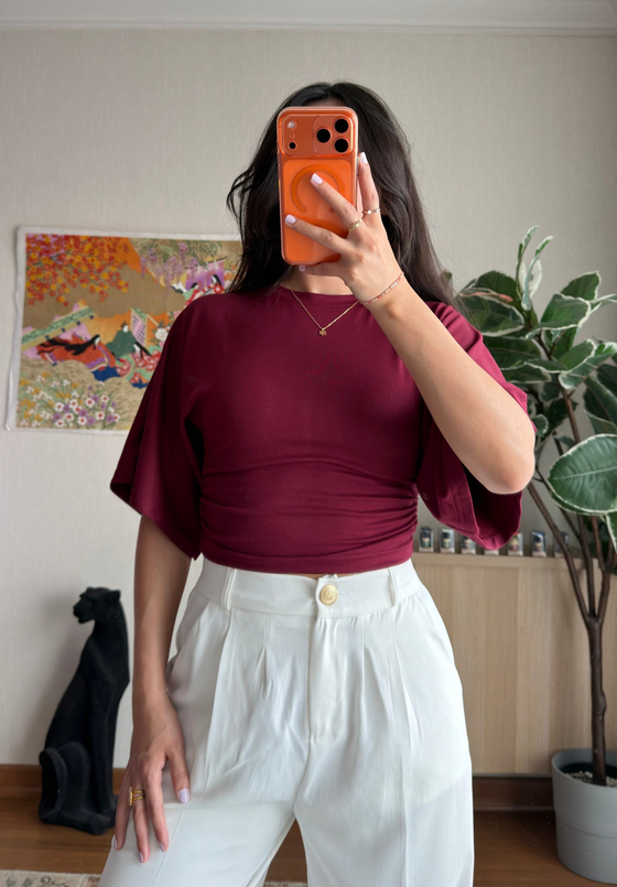Yuina Yanı Büzgülü T-Shirt Bordo