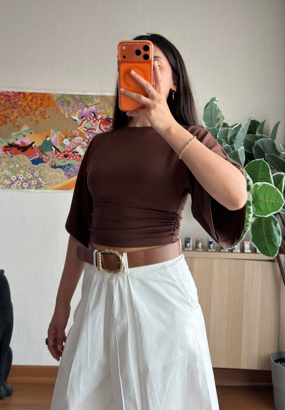 Yuina Yanı Büzgülü T-Shirt Kahve