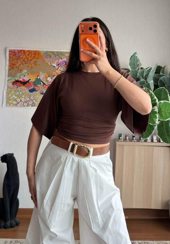 Yuina Yanı Büzgülü T-Shirt Kahve