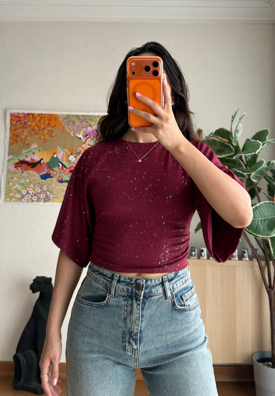 Yuisa Yanı Büzgülü Simli T-Shirt Bordo