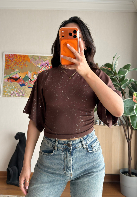Yuisa Yanı Büzgülü Simli T-Shirt Kahve
