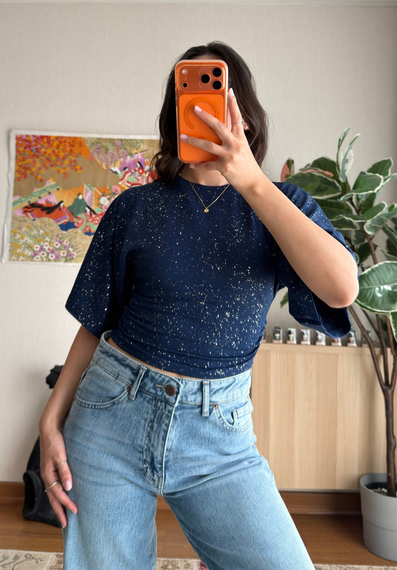 Yuisa Yanı Büzgülü Simli T-Shirt Lacivert