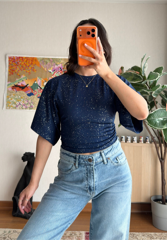 Yuisa Yanı Büzgülü Simli T-Shirt Lacivert