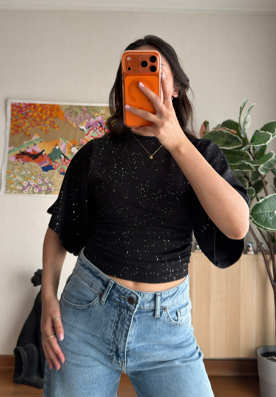 Yuisa Yanı Büzgülü Simli T-Shirt Siyah