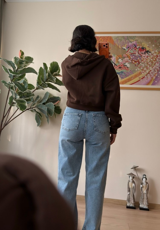 Yuki Kapşonlu Fermuarlı Kısa Sweatshirt Kahve