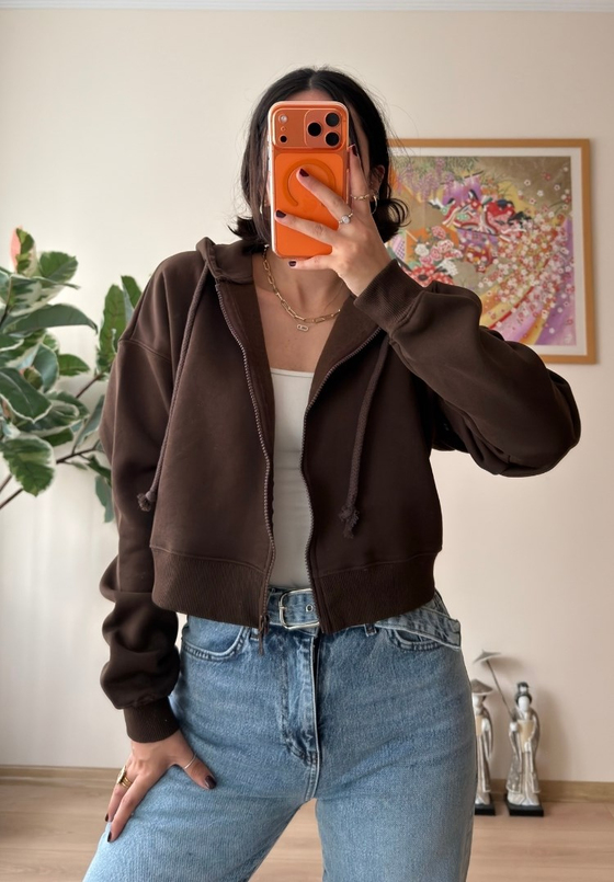 Yuki Kapşonlu Fermuarlı Kısa Sweatshirt Kahve