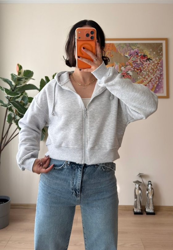 Yuki Kapşonlu Fermuarlı Kısa Sweatshirt Gri