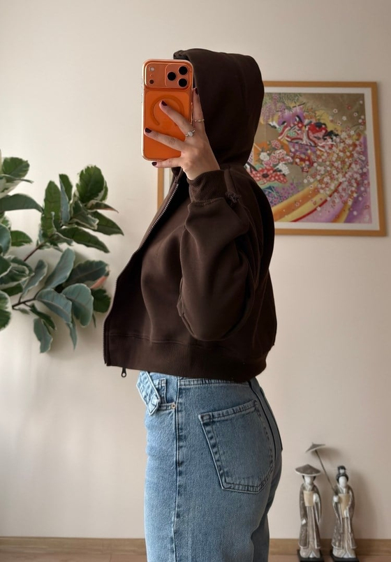 Yuki Kapşonlu Fermuarlı Kısa Sweatshirt Kahve