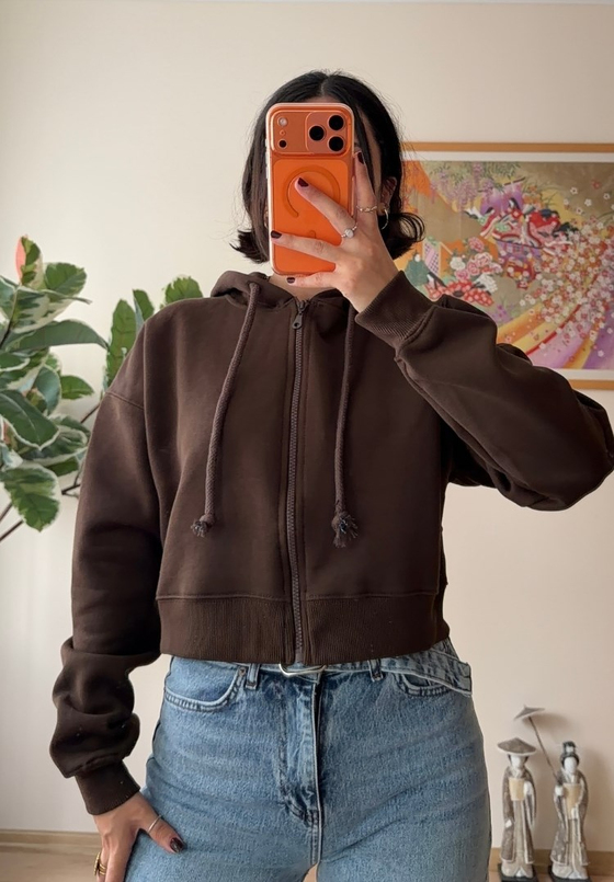 Yuki Kapşonlu Fermuarlı Kısa Sweatshirt Kahve