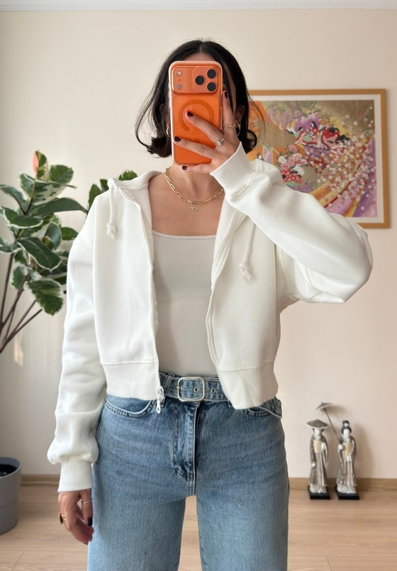 Yuki Kapşonlu Fermuarlı Kısa Sweatshirt Beyaz