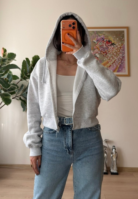Yuki Kapşonlu Fermuarlı Kısa Sweatshirt Gri