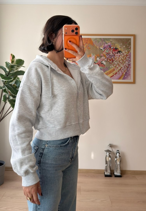 Yuki Kapşonlu Fermuarlı Kısa Sweatshirt Gri