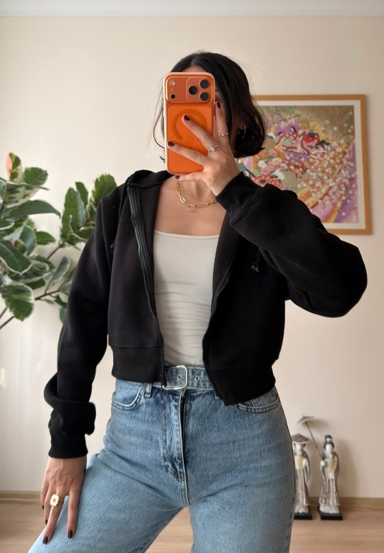 Yuki Kapşonlu Fermuarlı Kısa Sweatshirt Siyah