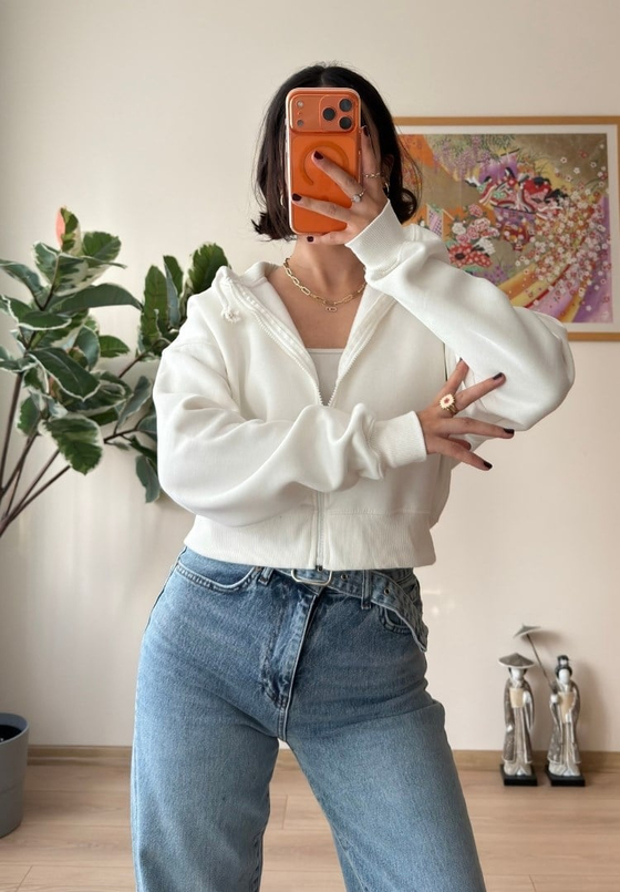 Yuki Kapşonlu Fermuarlı Kısa Sweatshirt Beyaz