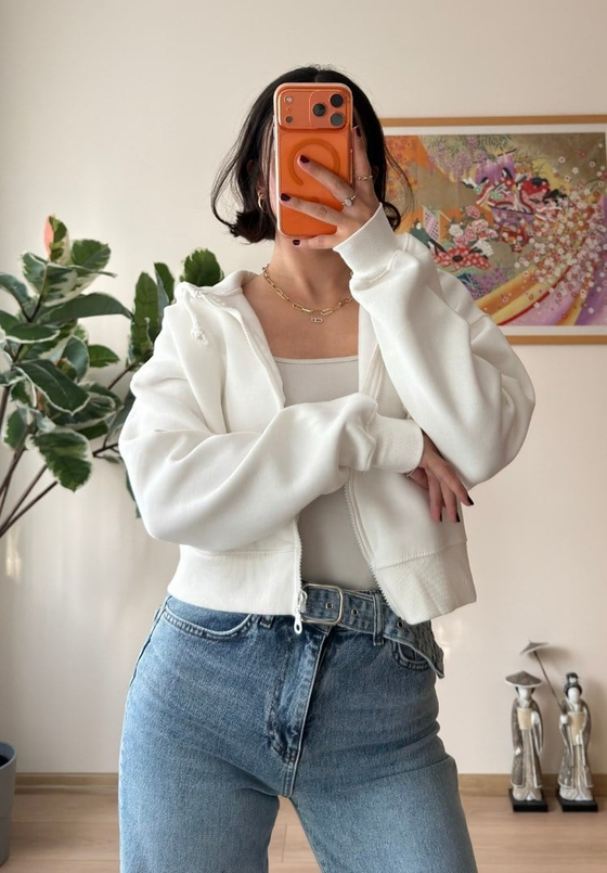 Yuki Kapşonlu Fermuarlı Kısa Sweatshirt Beyaz