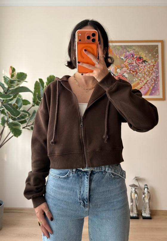 Yuki Kapşonlu Fermuarlı Kısa Sweatshirt Kahve