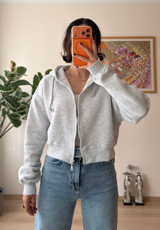 Yuki Kapşonlu Fermuarlı Kısa Sweatshirt Gri