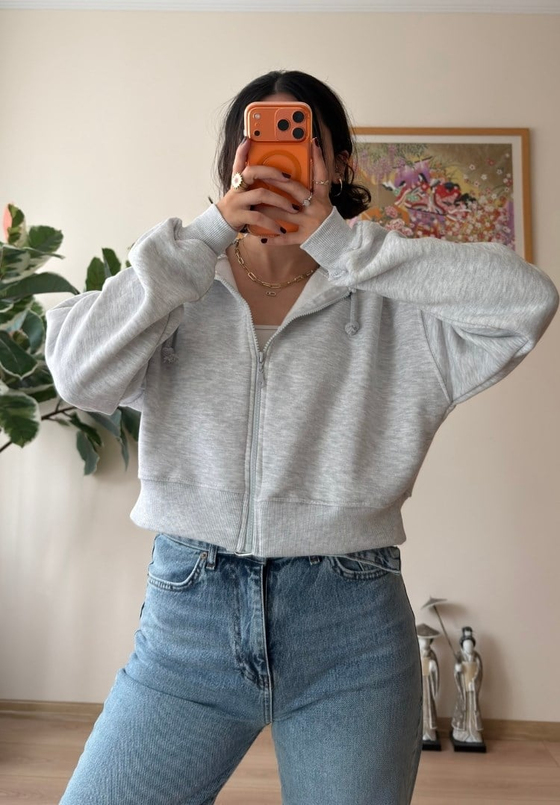 Yuki Kapşonlu Fermuarlı Kısa Sweatshirt Gri