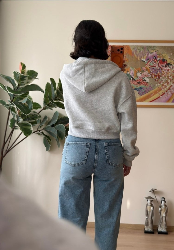 Yuki Kapşonlu Fermuarlı Kısa Sweatshirt Gri