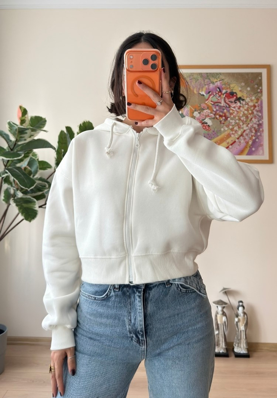 Yuki Kapşonlu Fermuarlı Kısa Sweatshirt Beyaz