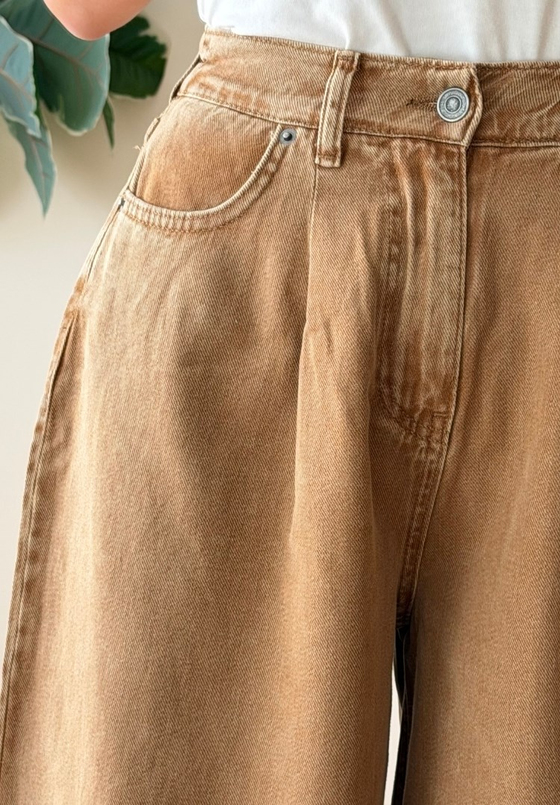 Yüksek Bel Baggy Jean Karamel