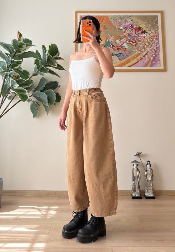 Yüksek Bel Baggy Jean Karamel