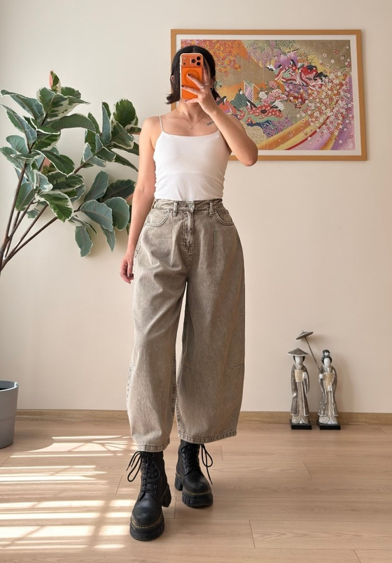Yüksek Bel Baggy Jean Olive