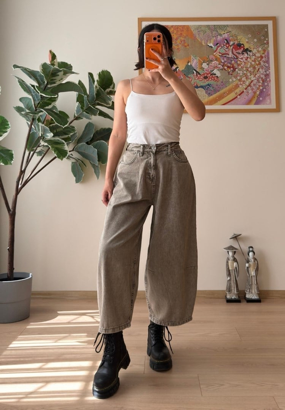 Yüksek Bel Baggy Jean Olive
