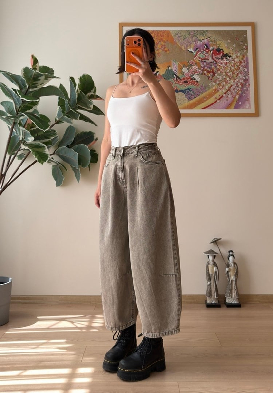 Yüksek Bel Baggy Jean Olive