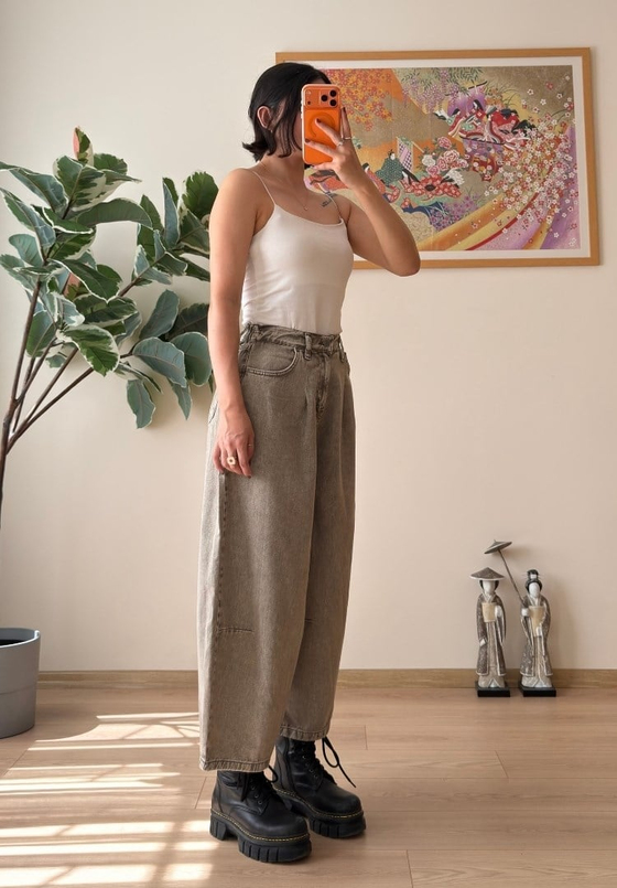 Yüksek Bel Baggy Jean Olive