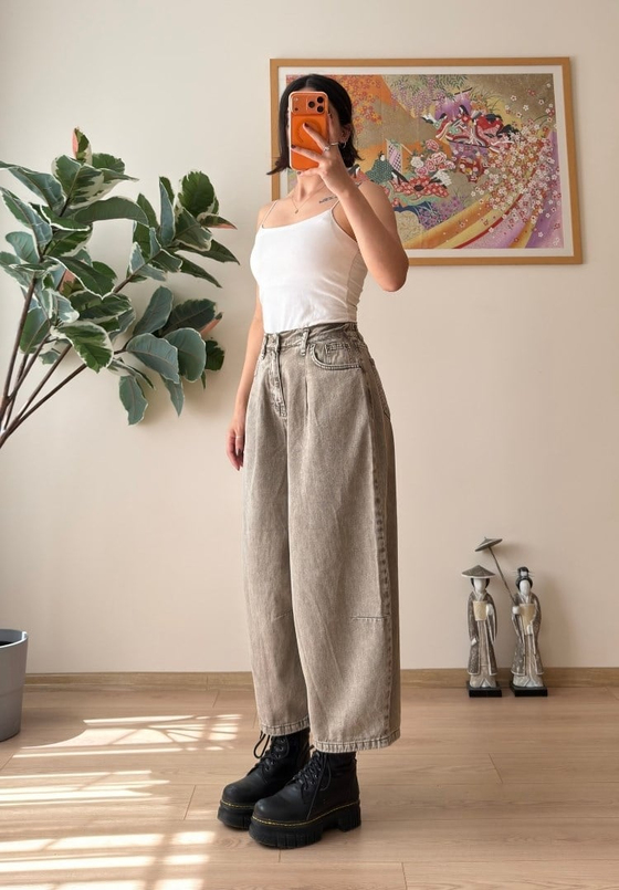 Yüksek Bel Baggy Jean Olive