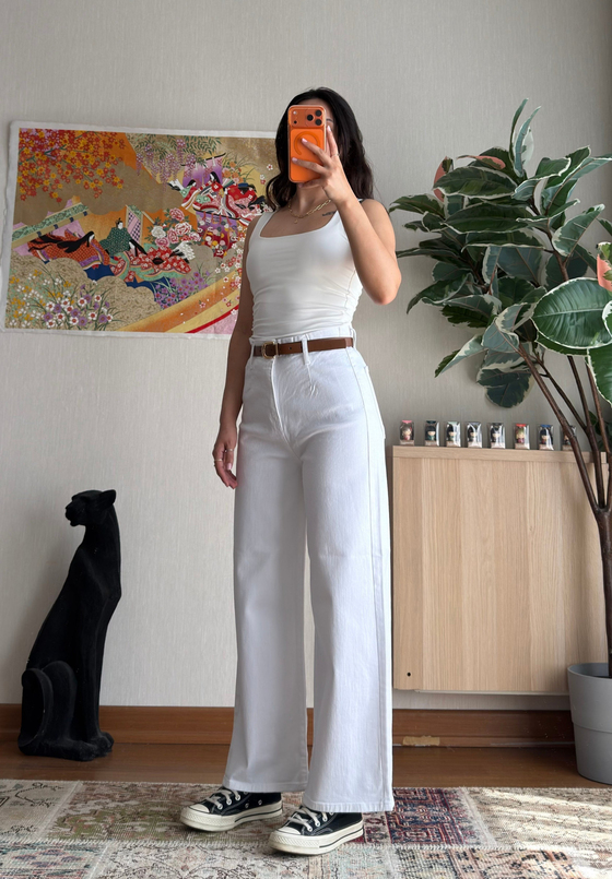 Yuriko Kemerli Bol Paça Jean Beyaz