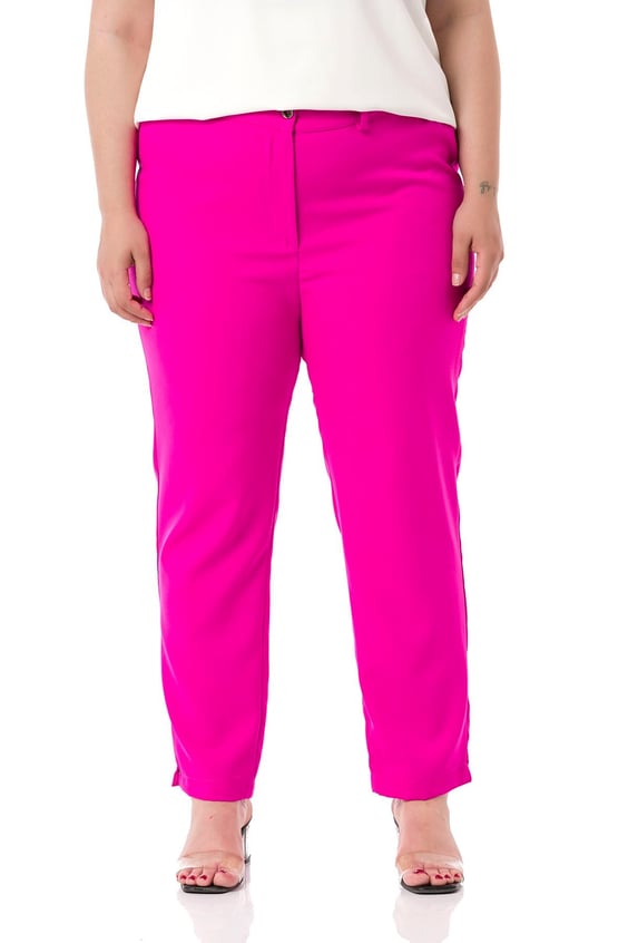 Plus Size Fuchsia Trousers with Elastic Waist Sides Zippered Leg Slits