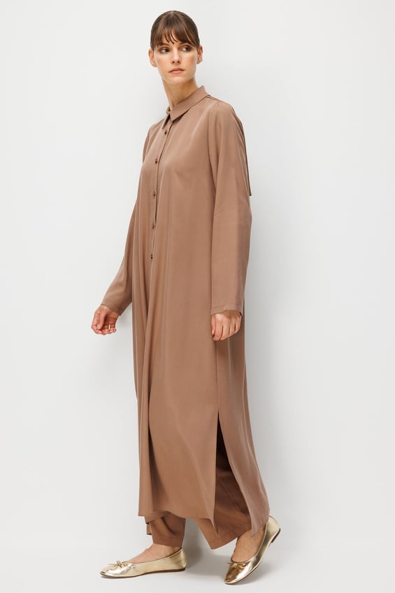 %100 Doğal LyoCEL Dökümlü Soft Hissiyat Aller Arka Pelerin Maxi Tunik-Kahve