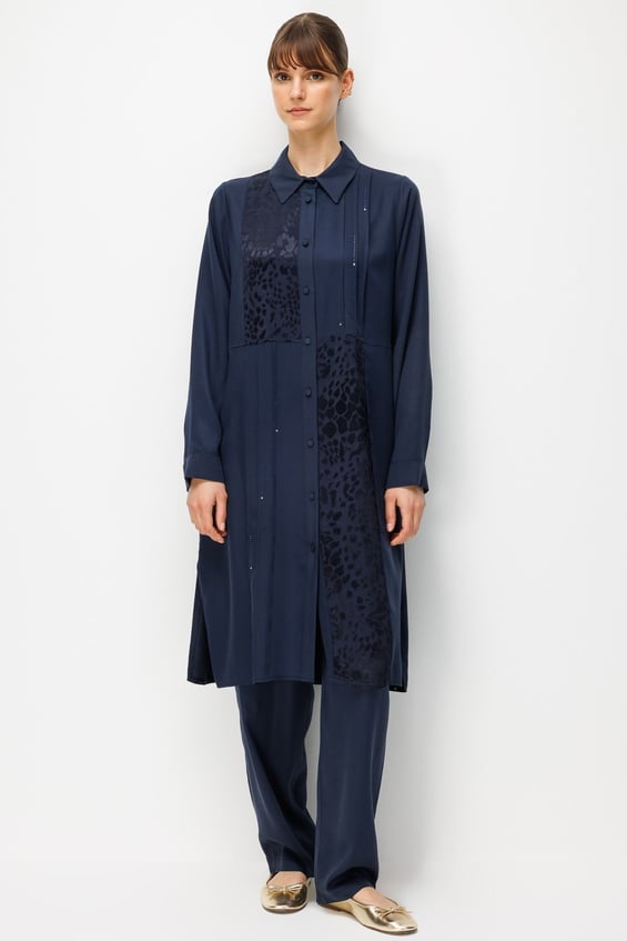 %100 Doğal LyoCELL Leo Garni Detaylı Maxi Tunik ve Pantalon Kombinli Takım-Laci