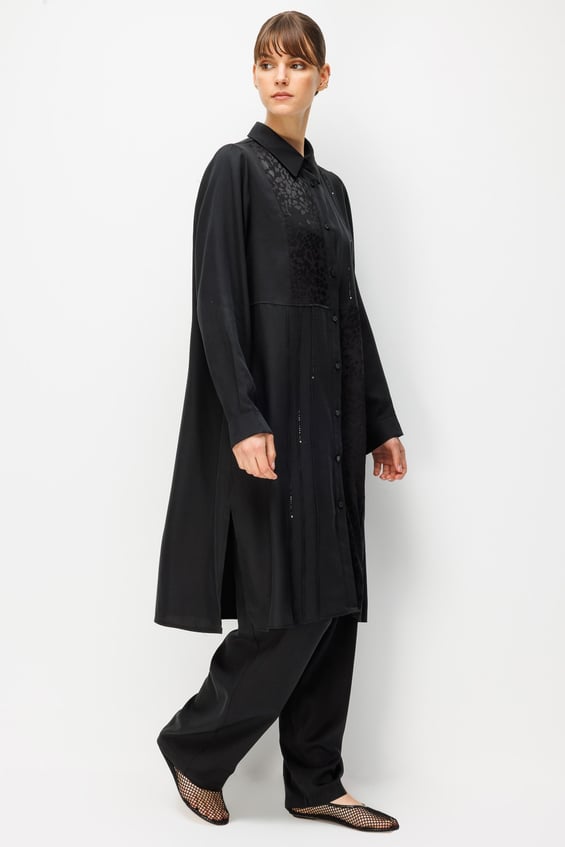 %100 Doğal LyoCELL Leo Garni Detaylı Maxi Tunik ve Pantalon Kombinli Takım-Siyah