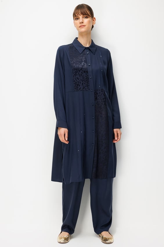 %100 Doğal LyoCELL Leo Garni Detaylı Maxi Tunik ve Pantalon Kombinli Takım-Laci