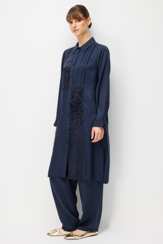 %100 Doğal LyoCELL Leo Garni Detaylı Maxi Tunik ve Pantalon Kombinli Takım-Laci