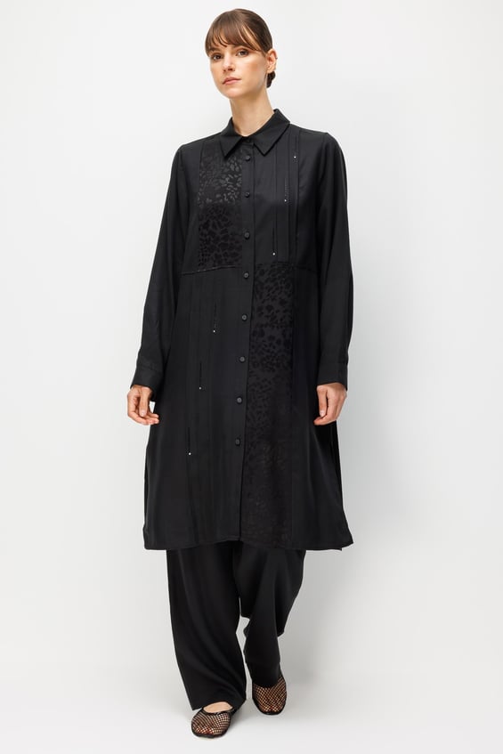 %100 Doğal LyoCELL Leo Garni Detaylı Maxi Tunik ve Pantalon Kombinli Takım-Siyah