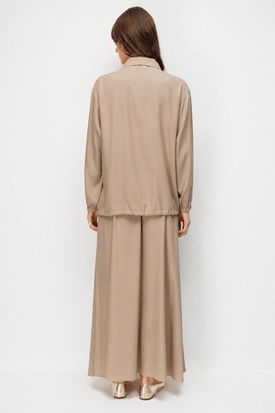 100% Təbii LyoCELL Maxi Draped Yumşaq Parça Gödəkçə və Ətək Dəsti, Örgü ilə Bəzədilmiş Təfərrüatlarla - Qəhvə