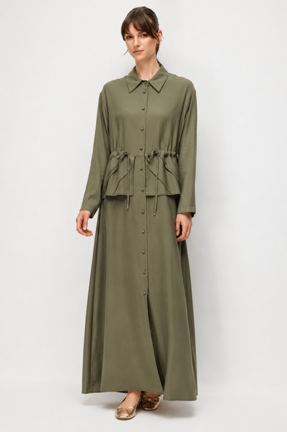 100% Natural LyoCELL Maxi Draped Soft Fabric Handcrafted Pattern Ribbed and Stone Embellished Maxi Dress/Abayas - Khaki