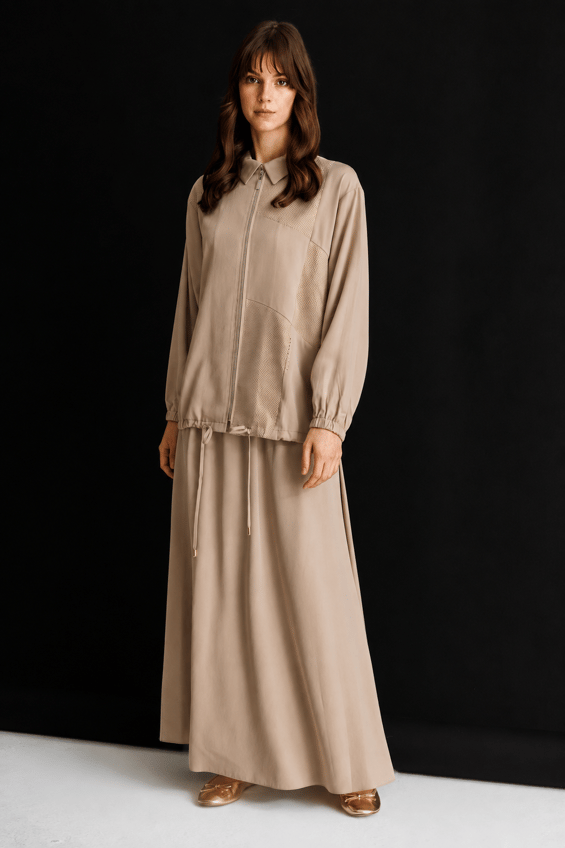 100% Təbii LyoCELL Maxi Draped Yumşaq Parça Gödəkçə və Ətək Dəsti, Örgü ilə Bəzədilmiş Təfərrüatlarla - Qəhvə