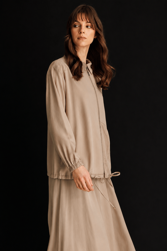 100% Təbii LyoCELL Maxi Draped Yumşaq Parça Gödəkçə və Ətək Dəsti, Örgü ilə Bəzədilmiş Təfərrüatlarla - Qəhvə
