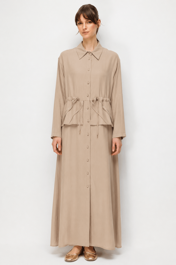 100% Natural LyoCELL Maxi Draped Soft Fabric Handcrafted Pattern Ribbed and Stone Embellished Maxi Dress/Abayas - Brown